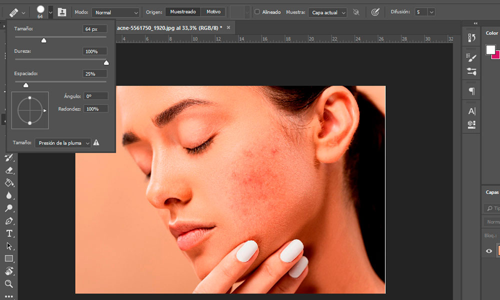 eliminar granos con photoshop, paso 2