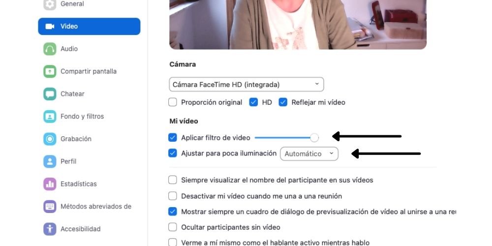 Modificar opciones de video en Zoom